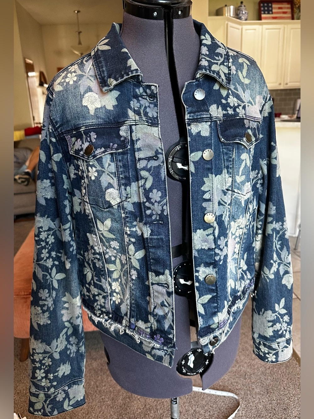 Women's Floral Print Denim Jean Jacket by Reba faded shades of Blue